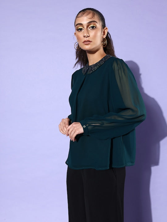 TIMELESS GLAMOUR-GEORGETTE WESTERN PEACOCK TOP WITH VELVET SEQUIN COLLAR