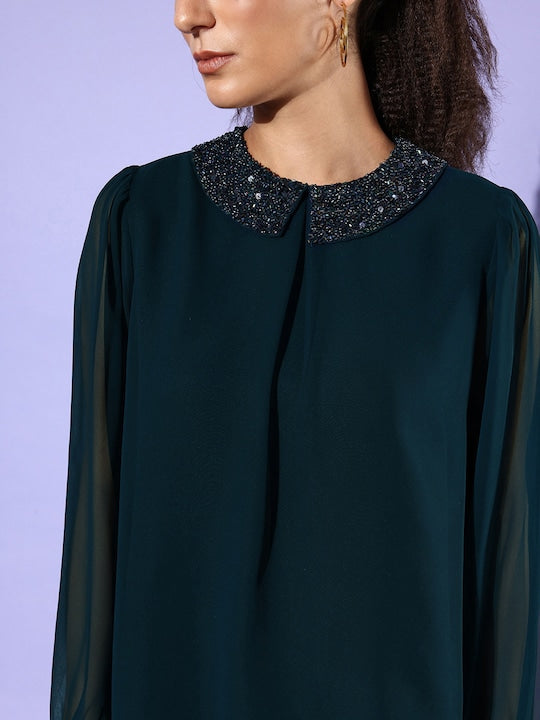 TIMELESS GLAMOUR-GEORGETTE WESTERN PEACOCK TOP WITH VELVET SEQUIN COLLAR