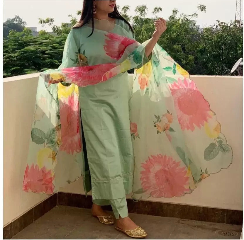 PISTA SOLID COTTON SILK KURTA SET WITH PRINTED FLORAL DUPPTA