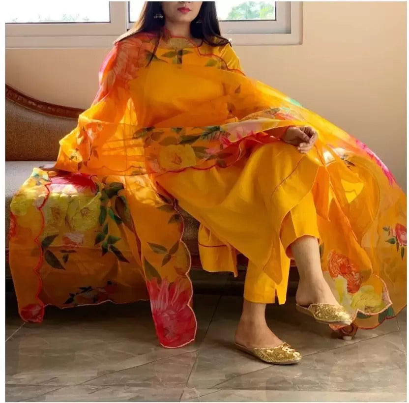 YELLOW SOLID COTTON SILK KURTA SET WITH PRINTED FLORAL DUPPTA