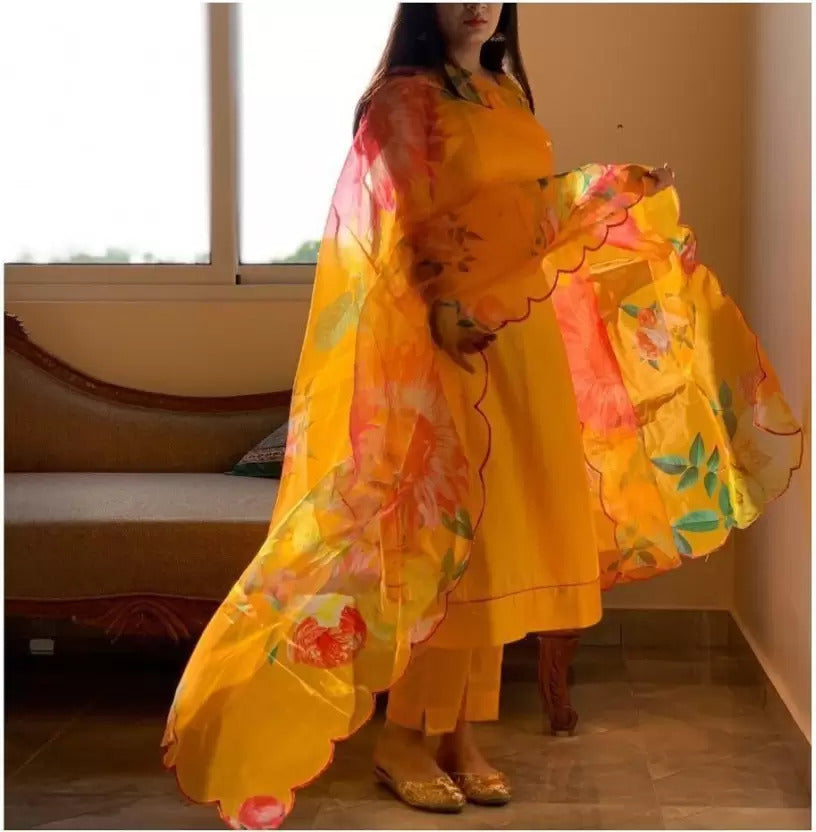 YELLOW SOLID COTTON SILK KURTA SET WITH PRINTED FLORAL DUPPTA