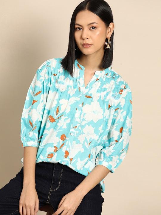 FLOWLESS FLORAL PRINTED RAYON SKY PEASANT TOP