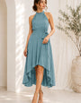 Women's Dusty Blue Halter Neck High-Low Midi Dress with Waist Tie Belt