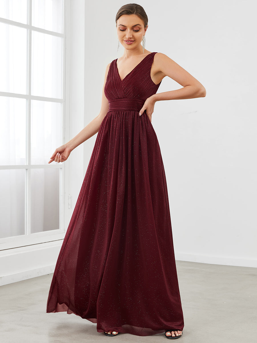 Double V Neck Floor Length Sparkly Evening Dresses for Party - Majestic Maroon