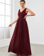 Double V Neck Floor Length Sparkly Evening Dresses for Party - Majestic Maroon