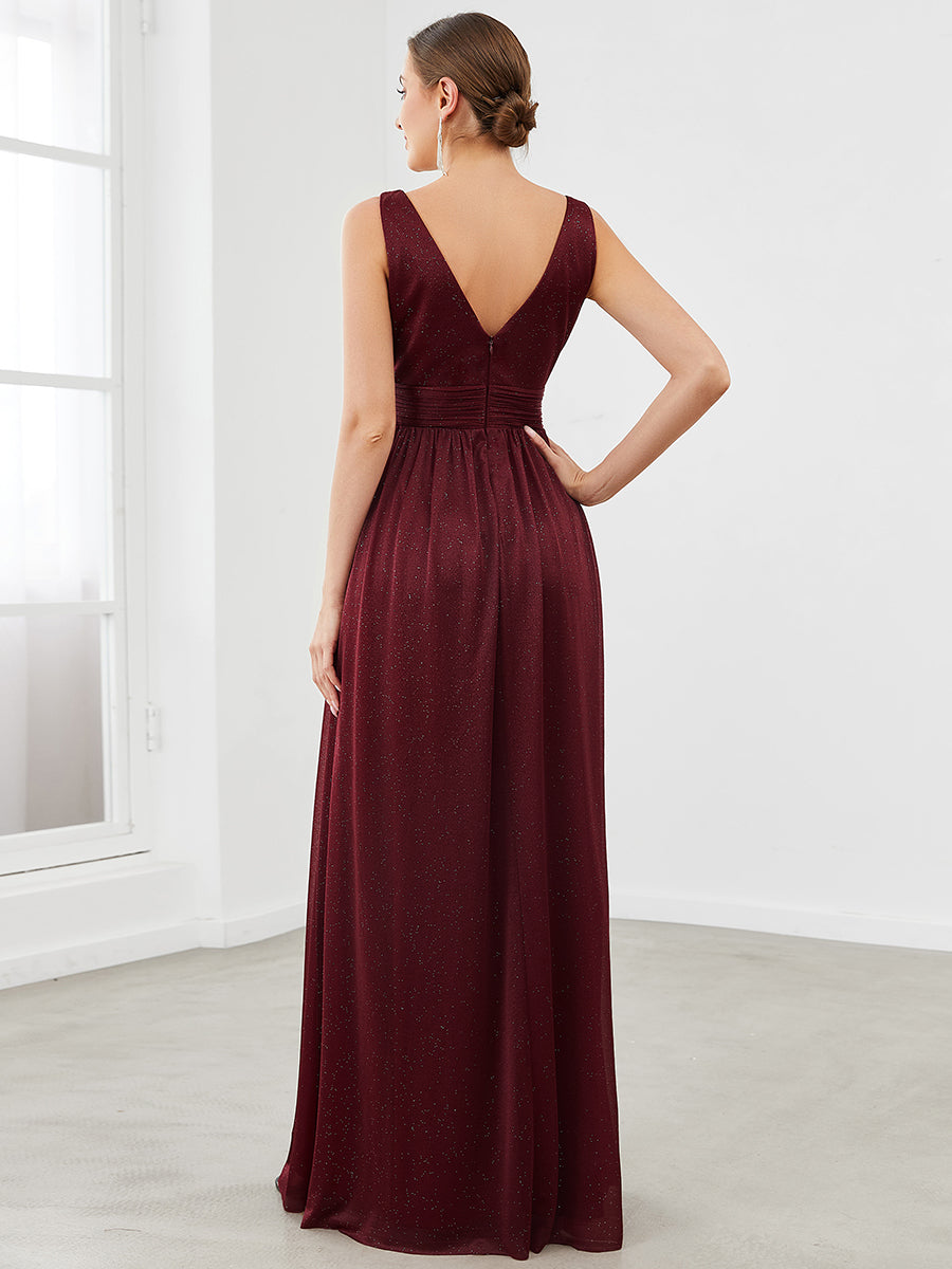 Double V Neck Floor Length Sparkly Evening Dresses for Party - Majestic Maroon