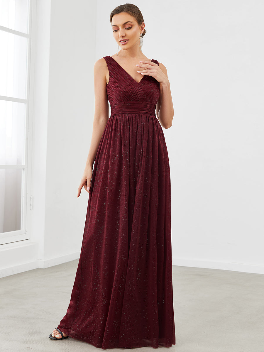 Double V Neck Floor Length Sparkly Evening Dresses for Party - Majestic Maroon