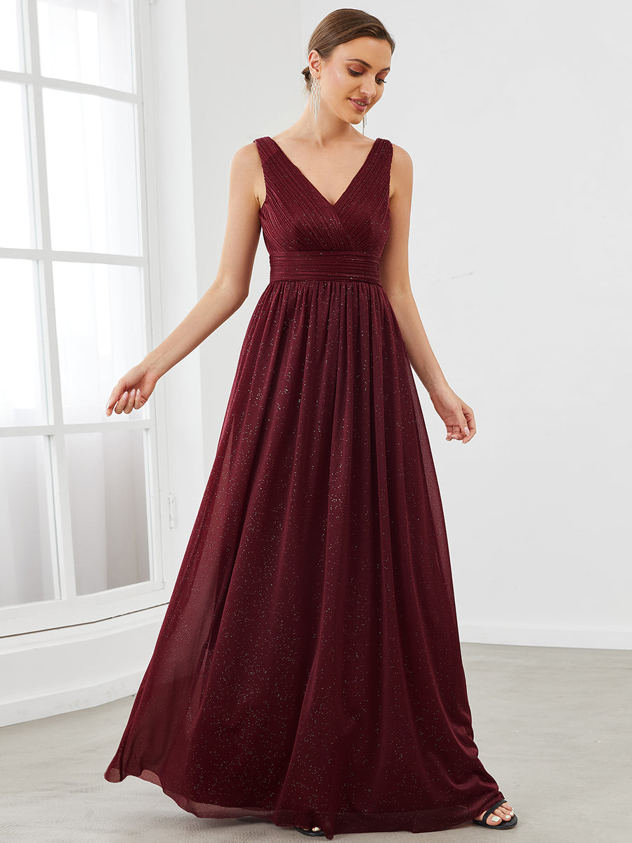 Double V Neck Floor Length Sparkly Evening Dresses for Party - Majestic Maroon