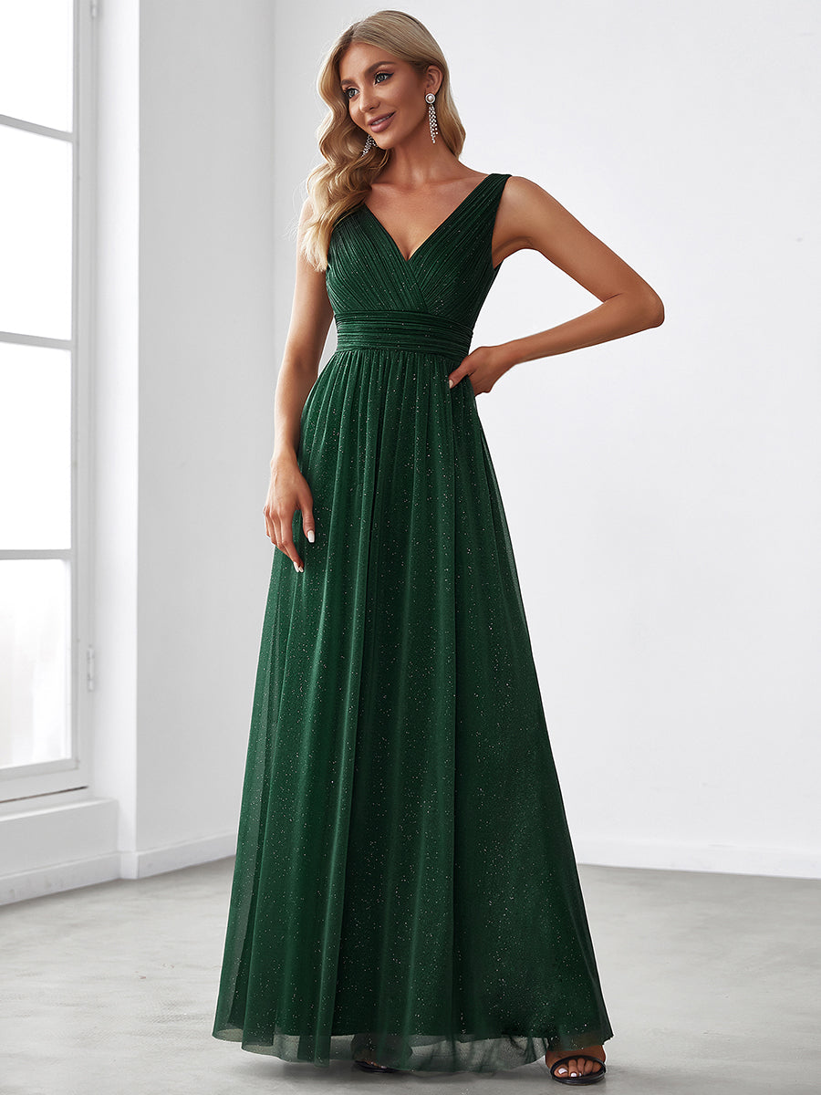 Double V Neck Floor Length Sparkly Evening Dresses for Party - Emerald Green