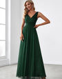 Double V Neck Floor Length Sparkly Evening Dresses for Party - Emerald Green