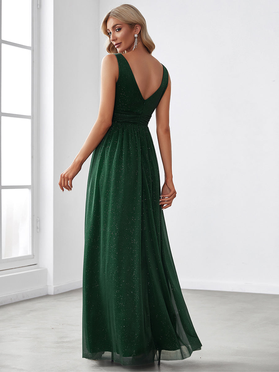 Double V Neck Floor Length Sparkly Evening Dresses for Party - Emerald Green