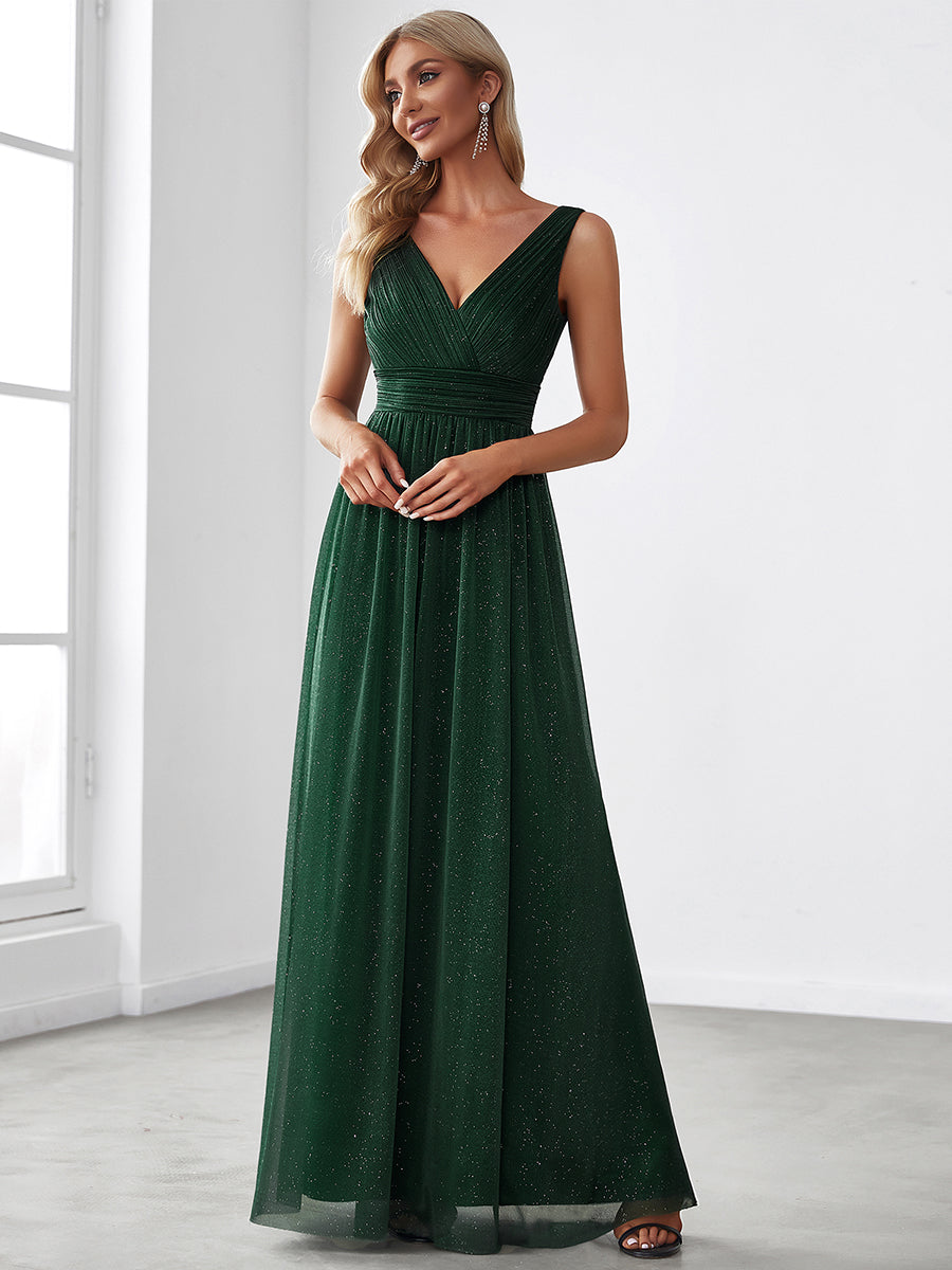 Double V Neck Floor Length Sparkly Evening Dresses for Party - Emerald Green