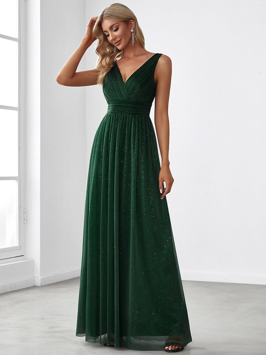 Double V Neck Floor Length Sparkly Evening Dresses for Party - Emerald Green