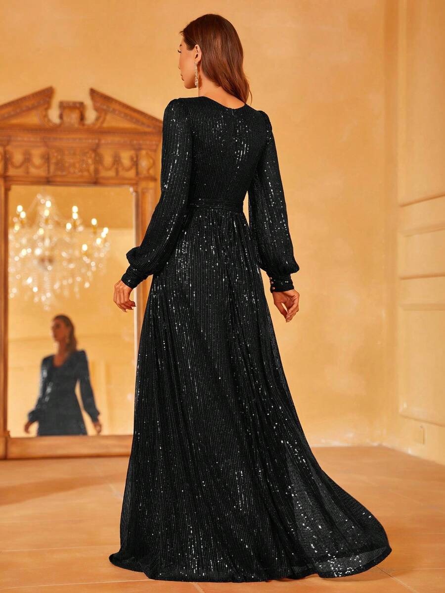 Shimmer Sequin Georgette Maxi Gown with Puff Sleeves & Cinched Waist & Evening Black  Party Wear