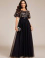 Party Wear Glamorous Evening Black  Maxi Gown with Flutter Sleeves and Floor-Length Dress .