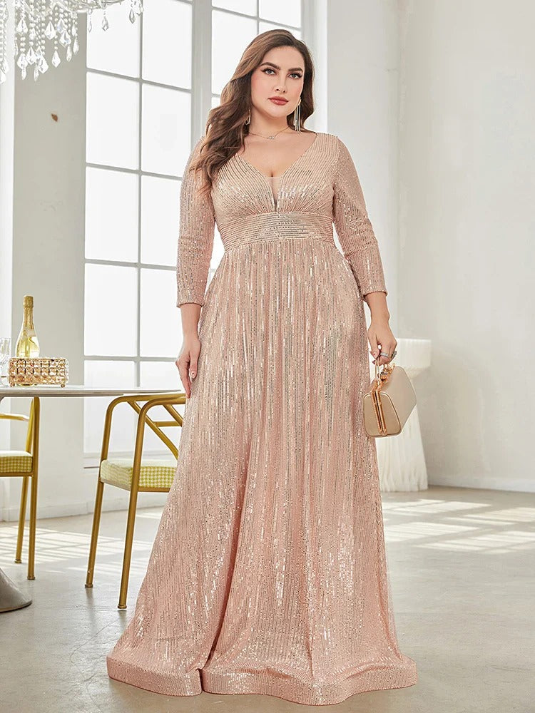 Partywaer Sparkling Sequin V-Neck Evening Gown with Three-Quarter Sleeves and Flowing A-Line Silhouette