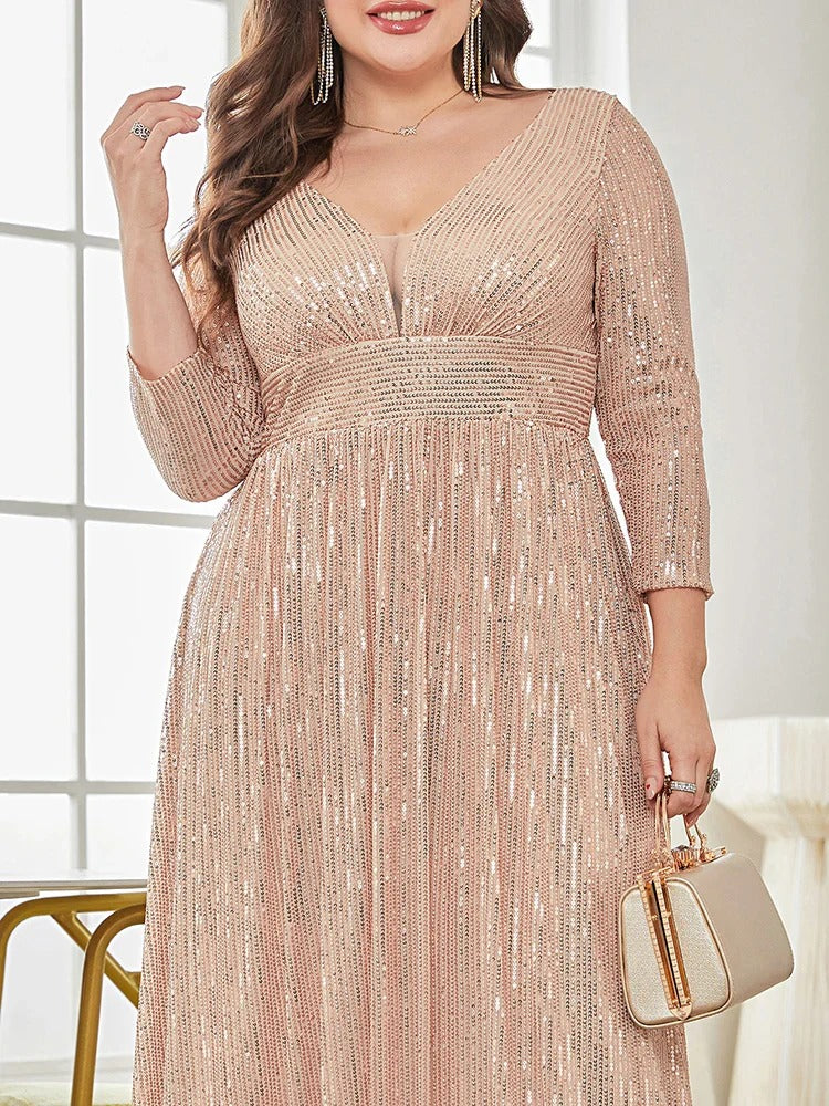 Partywaer Sparkling Sequin V-Neck Evening Gown with Three-Quarter Sleeves and Flowing A-Line Silhouette