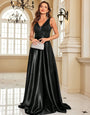 Partywear Elegant Sequin Bodice with Flowing Satin A-Line Classic Black Party Dress