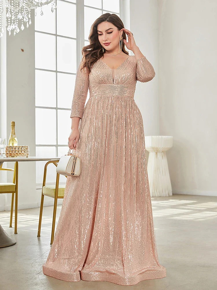 Partywaer Sparkling Sequin V-Neck Evening Gown with Three-Quarter Sleeves and Flowing A-Line Silhouette
