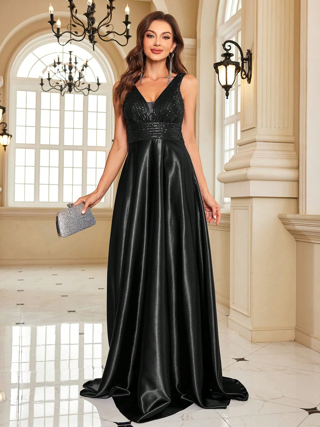 Partywear Elegant Sequin Bodice with Flowing Satin A-Line Classic Black Party Dress