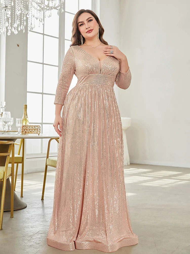 Partywaer Sparkling Sequin V-Neck Evening Gown with Three-Quarter Sleeves and Flowing A-Line Silhouette