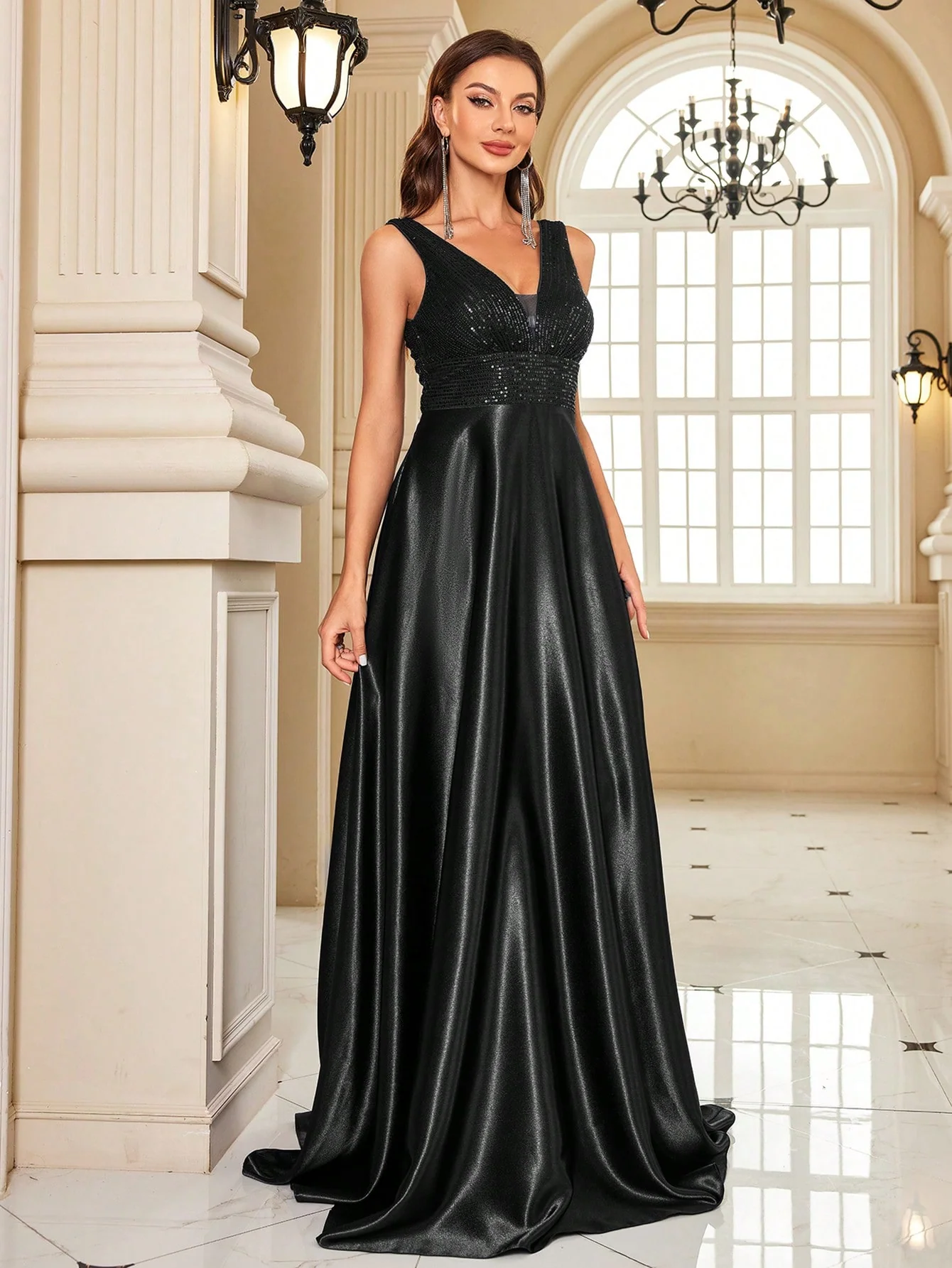 Partywear Elegant Sequin Bodice with Flowing Satin A-Line Classic Black Party Dress