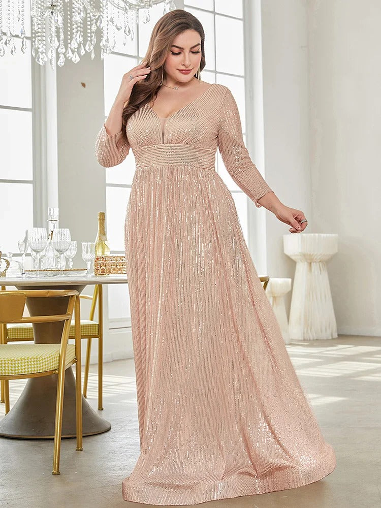 Partywaer Sparkling Sequin V-Neck Evening Gown with Three-Quarter Sleeves and Flowing A-Line Silhouette