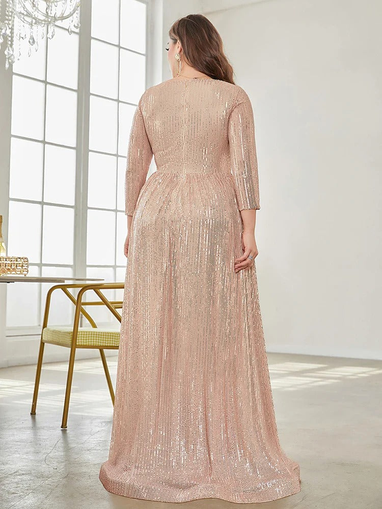 Partywaer Sparkling Sequin V-Neck Evening Gown with Three-Quarter Sleeves and Flowing A-Line Silhouette