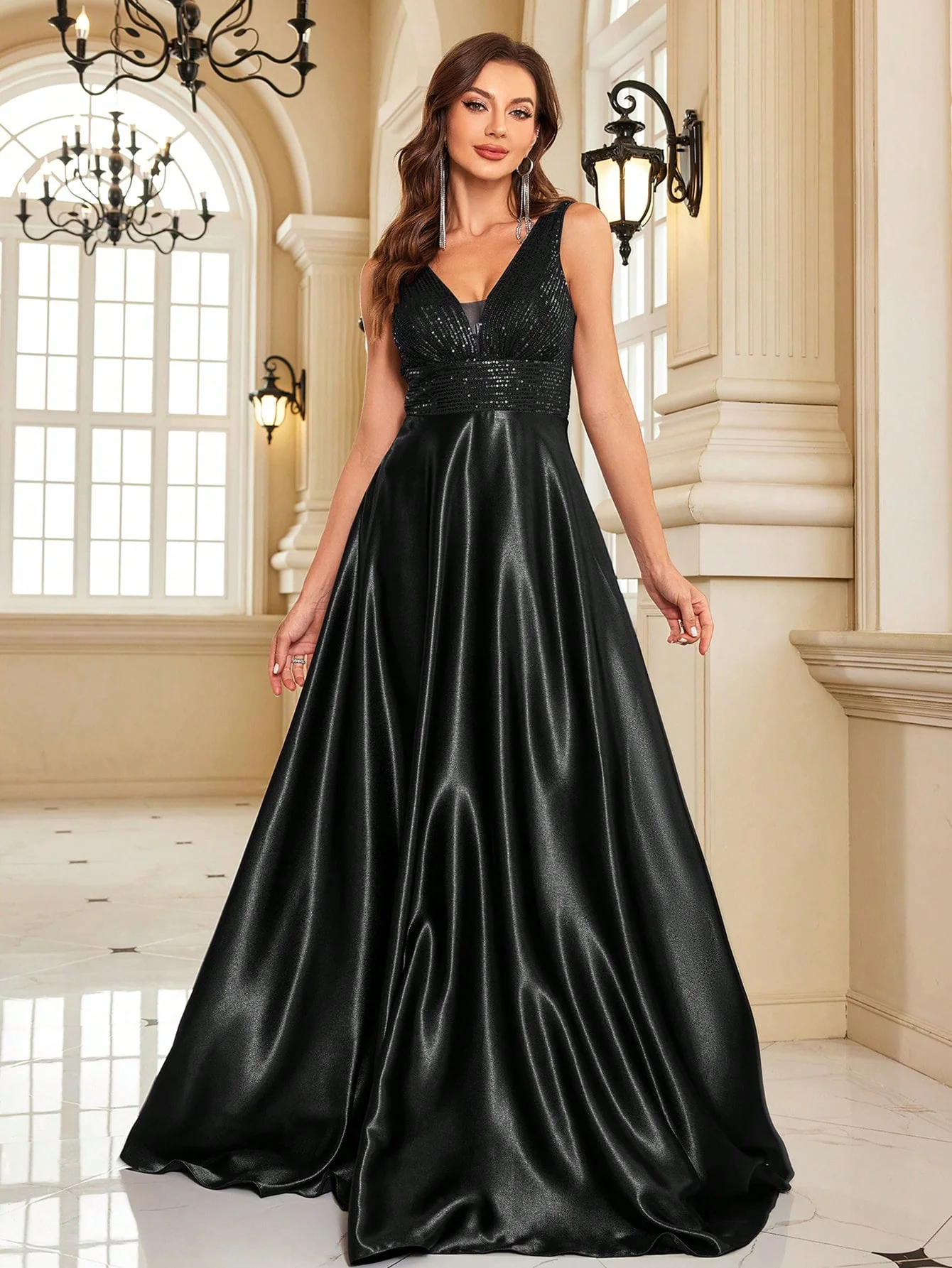 Partywear Elegant Sequin Bodice with Flowing Satin A-Line Classic Black Party Dress
