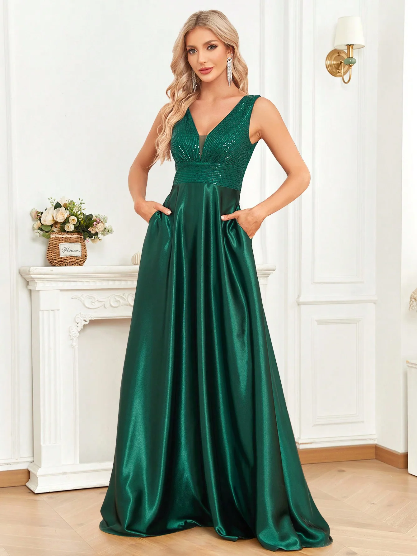Partywear Elegant Sequin Bodice with Flowing Satin A-Line Emerald Green Party Wear Dress