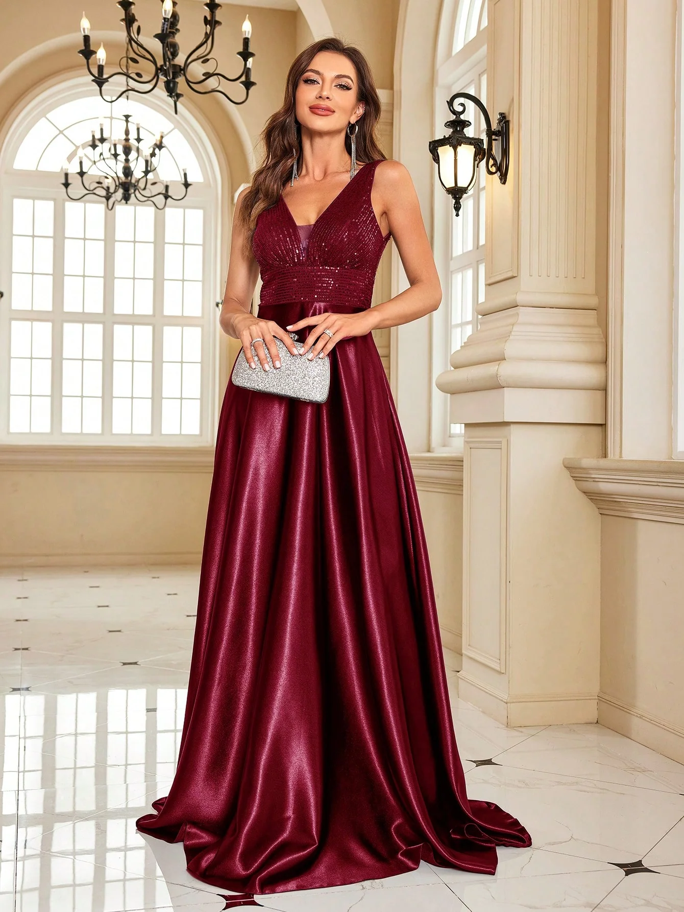 Partywear Elegant Sequin Bodice with Flowing Satin A-Line Elegant Maroon