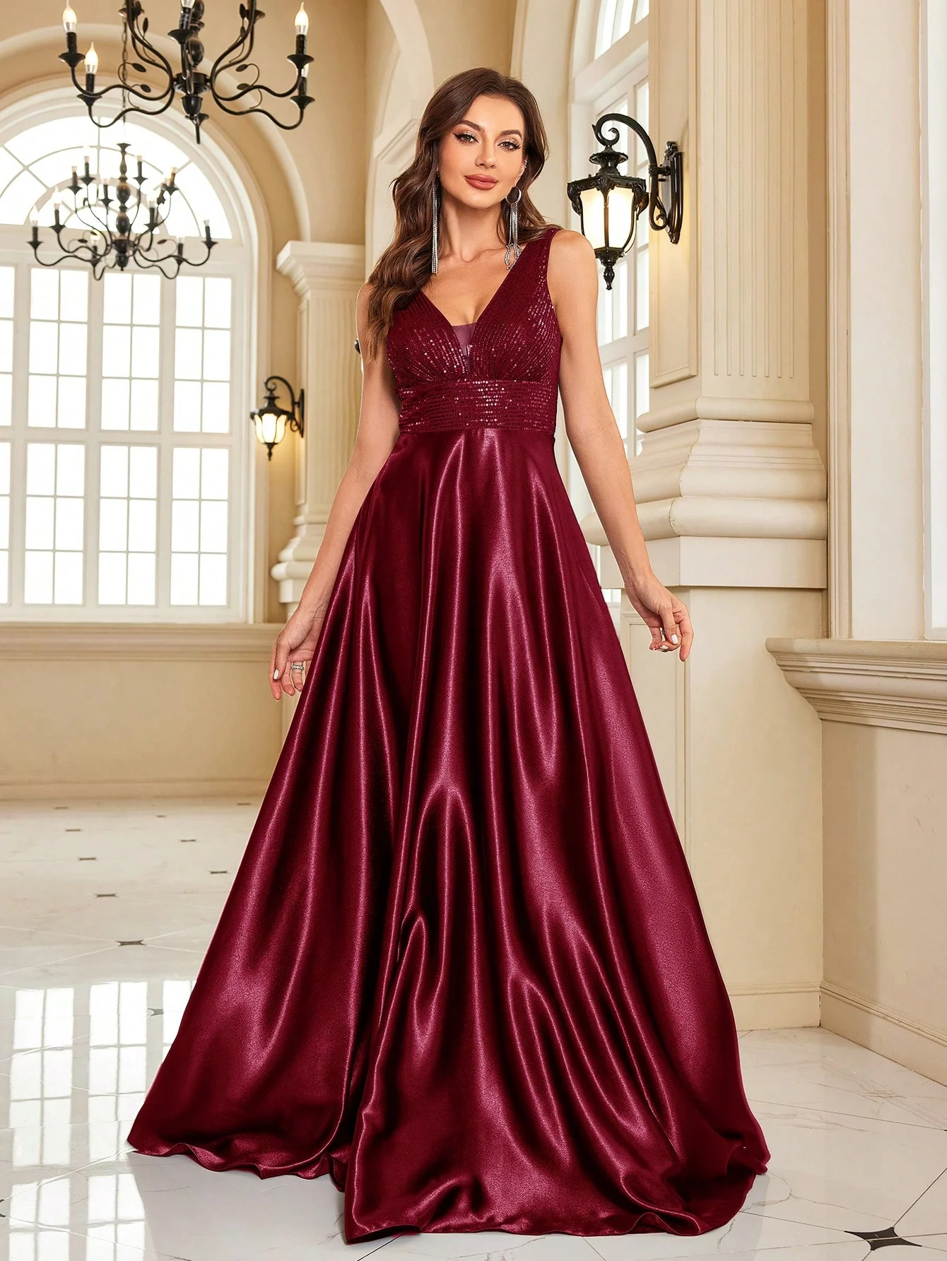 Partywear Elegant Sequin Bodice with Flowing Satin A-Line Elegant Maroon