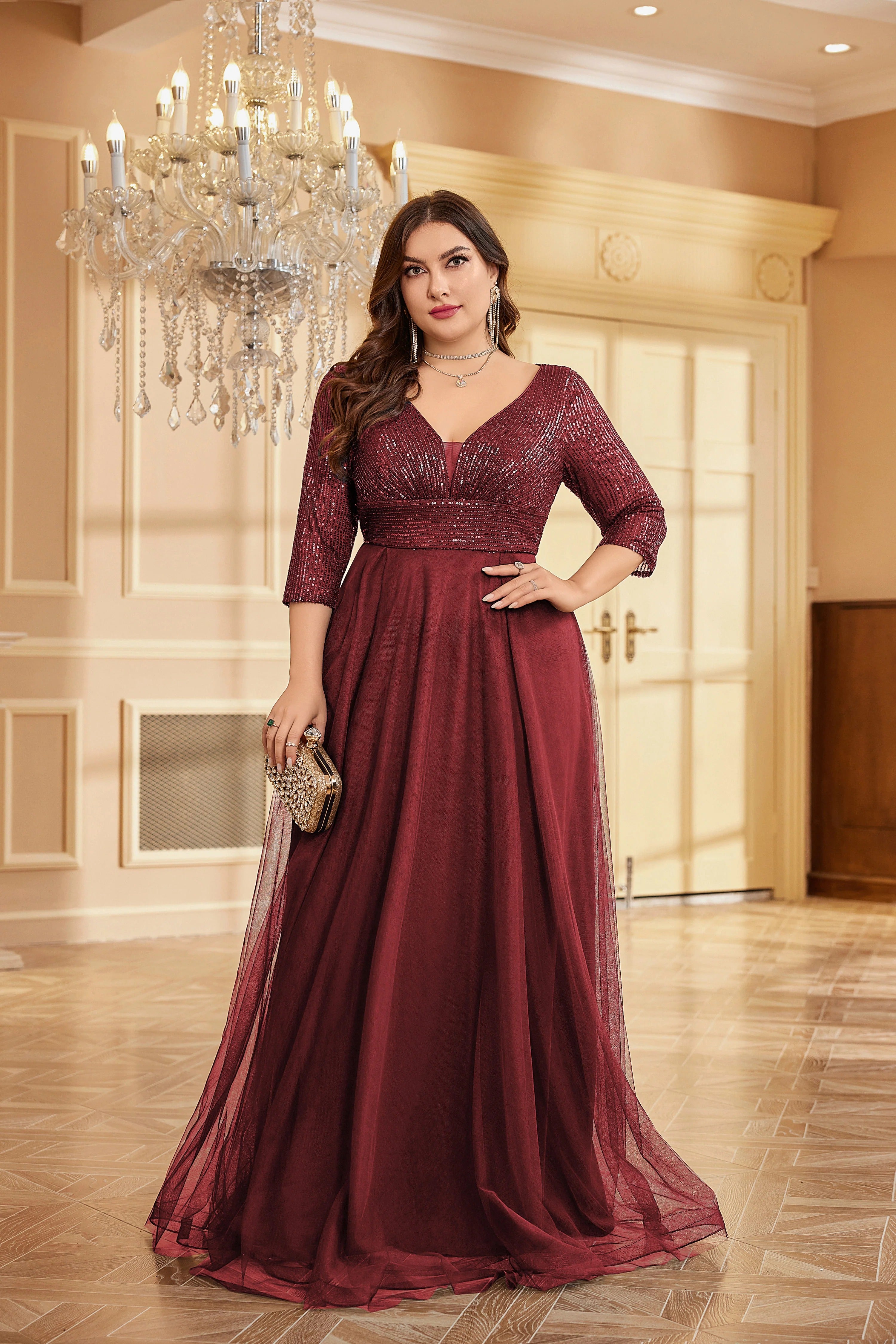 Partywear Sparkling Sequin V-Neck Gown with Three-Quarter Sleeves and Flowing Maroon Tulle Skirt