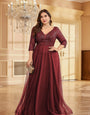 Partywear Sparkling Sequin V-Neck Gown with Three-Quarter Sleeves and Flowing Maroon Tulle Skirt