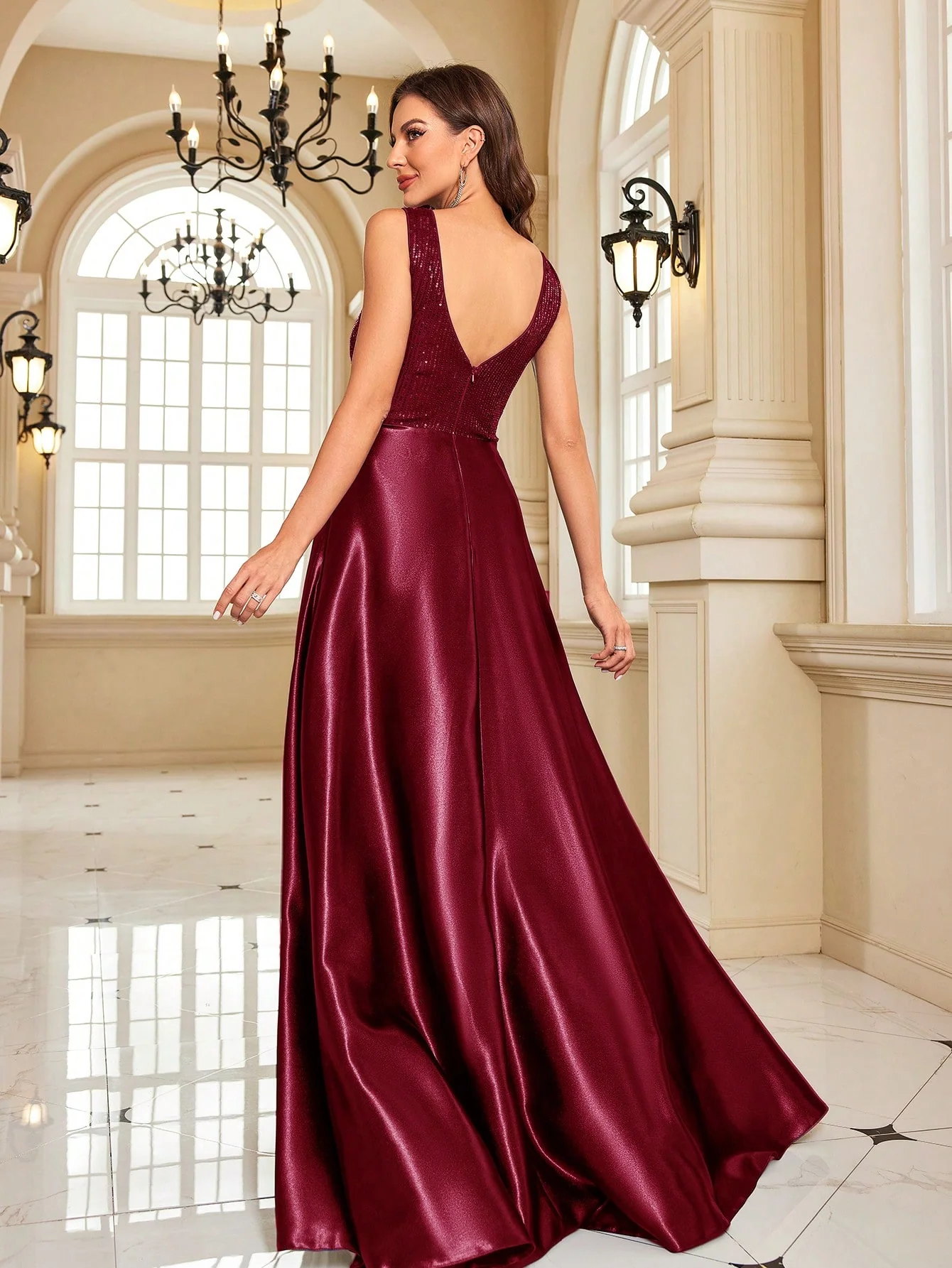Partywear Elegant Sequin Bodice with Flowing Satin A-Line Elegant Maroon