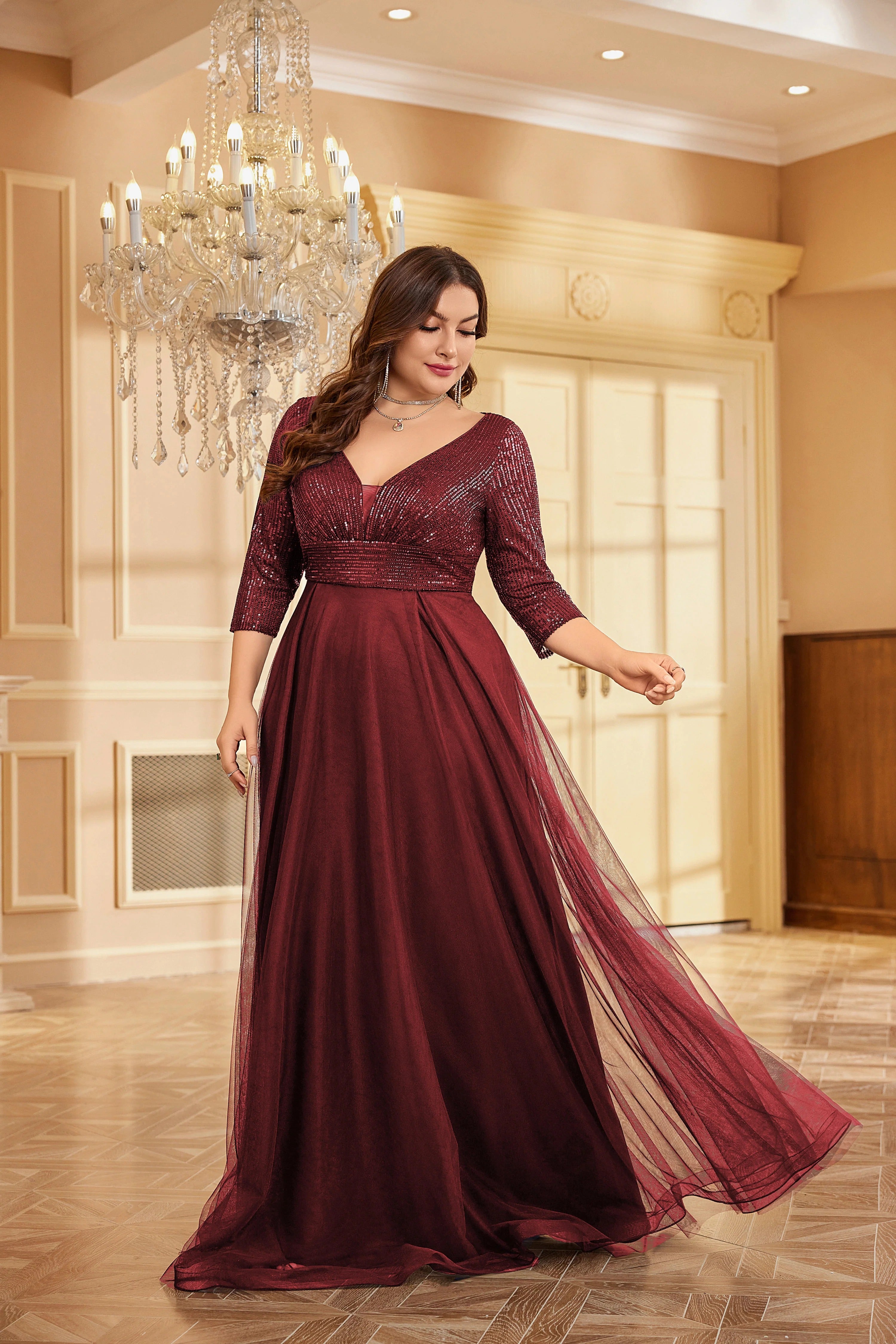Partywear Sparkling Sequin V-Neck Gown with Three-Quarter Sleeves and Flowing Maroon Tulle Skirt