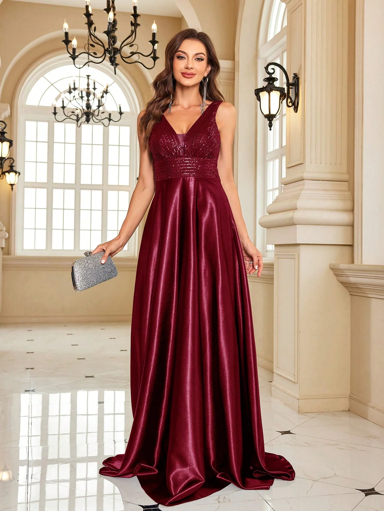 Partywear Elegant Sequin Bodice with Flowing Satin A-Line Elegant Maroon