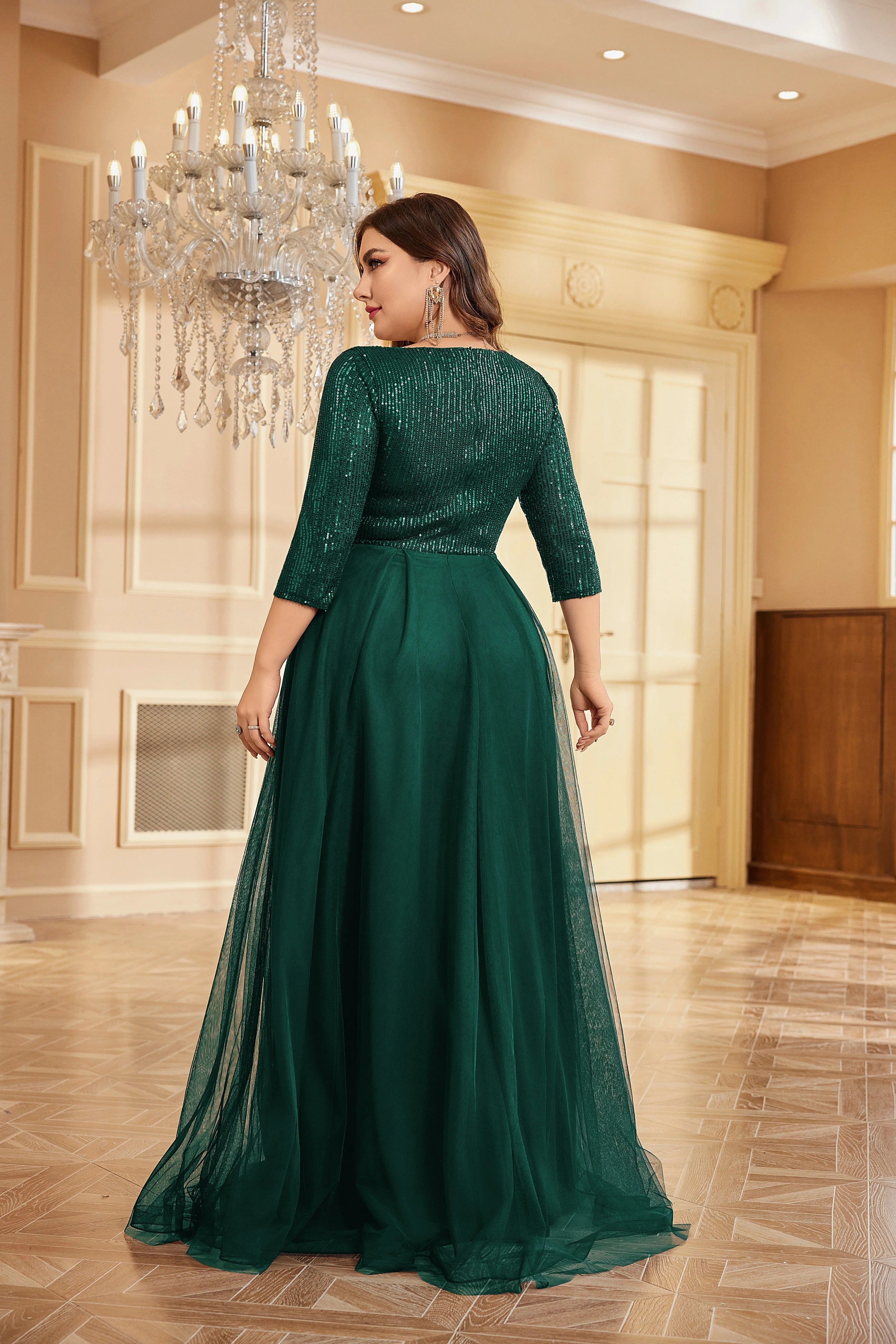 Partywear Sparkling Sequin V-Neck Gown with Three-Quarter Sleeves and Flowing Tulle Skirt