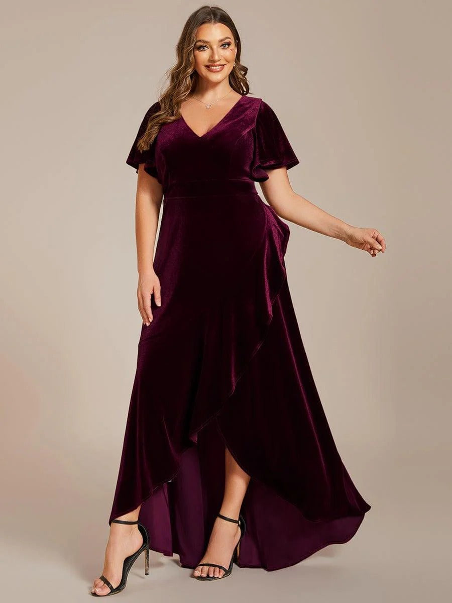 Velvet Luxe Draped Partywear Gown with V-Neck & Flared Sleeves