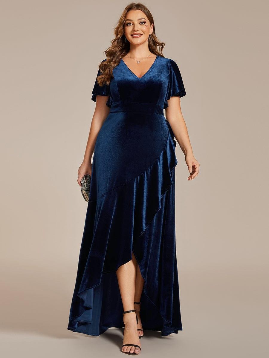Velvet Luxe Draped Partywear Gown with V-Neck & Flared Sleeves Midnight Sapphire