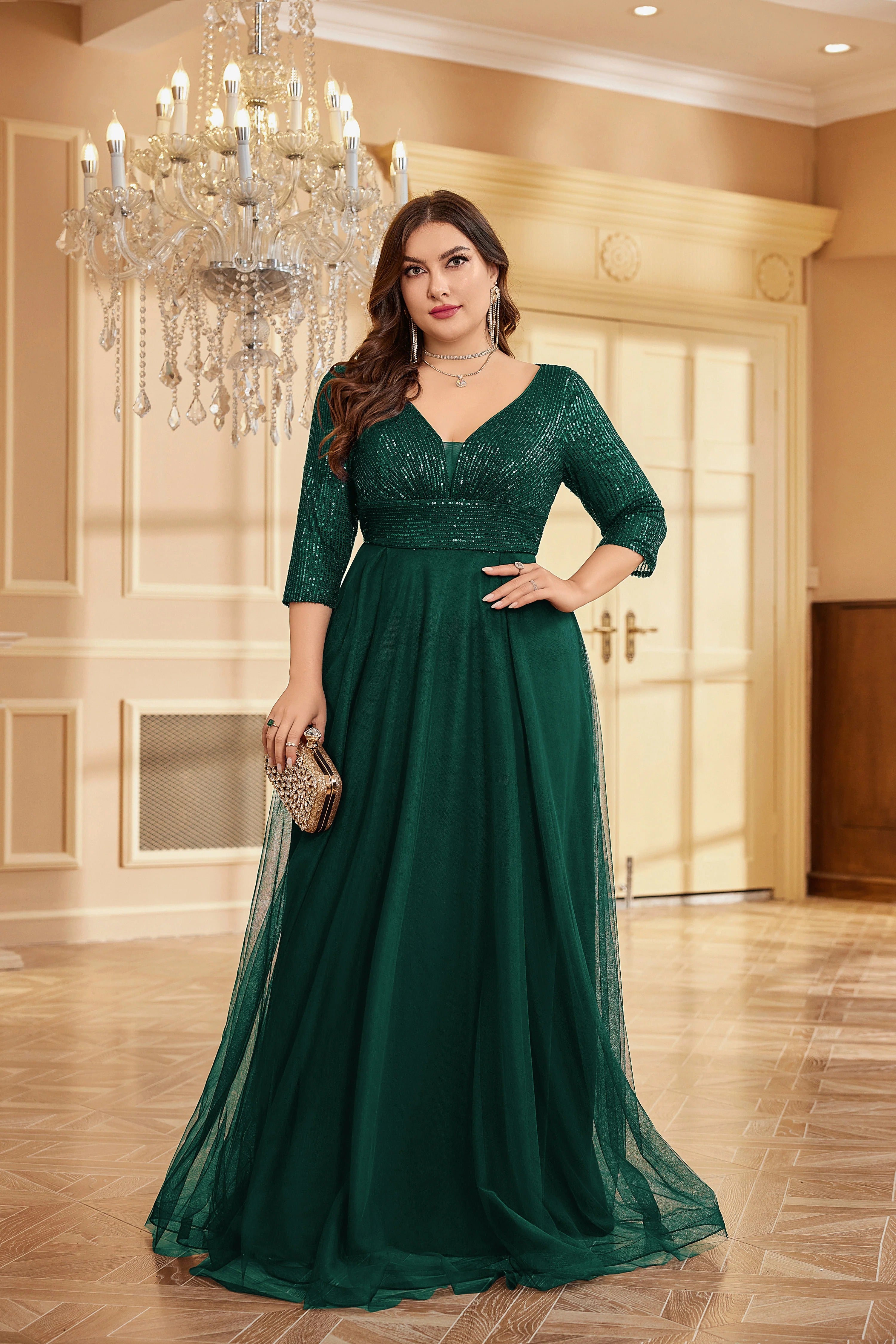 Partywear Sparkling Sequin V-Neck Gown with Three-Quarter Sleeves and Flowing Tulle Skirt