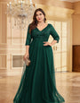 Partywear Sparkling Sequin V-Neck Gown with Three-Quarter Sleeves and Flowing Tulle Skirt