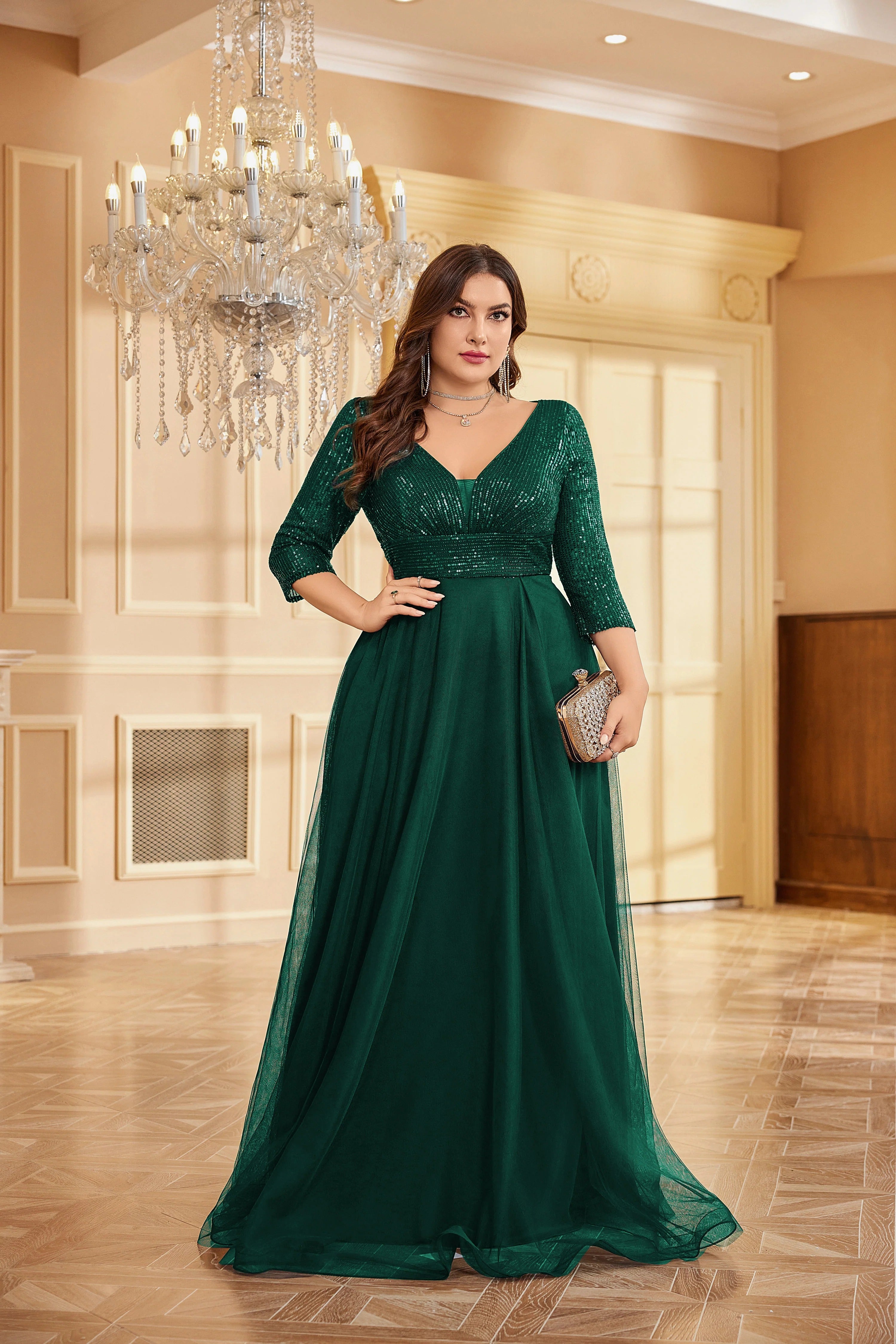 Partywear Sparkling Sequin V-Neck Gown with Three-Quarter Sleeves and Flowing Tulle Skirt