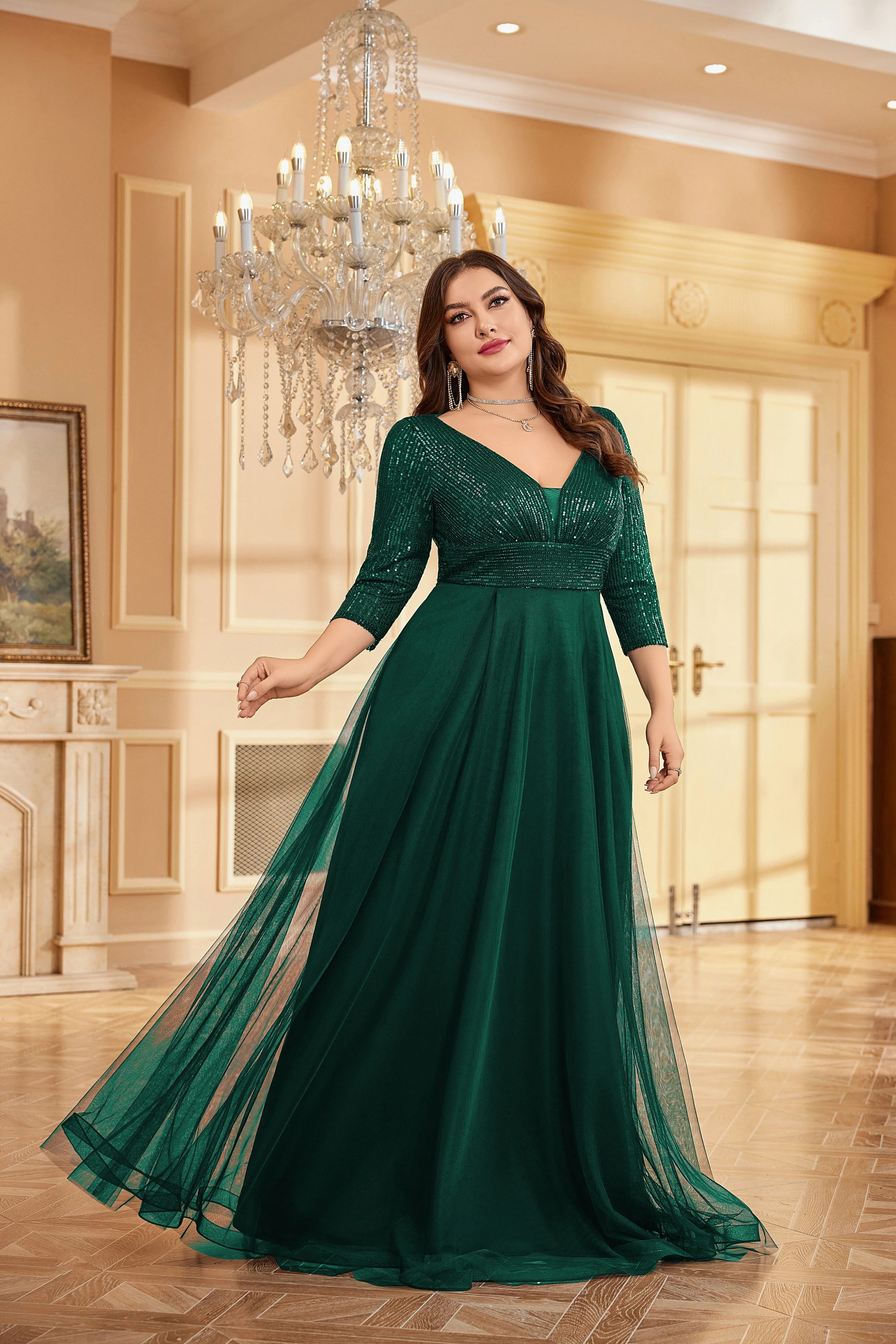 Partywear Sparkling Sequin V-Neck Gown with Three-Quarter Sleeves and Flowing Tulle Skirt