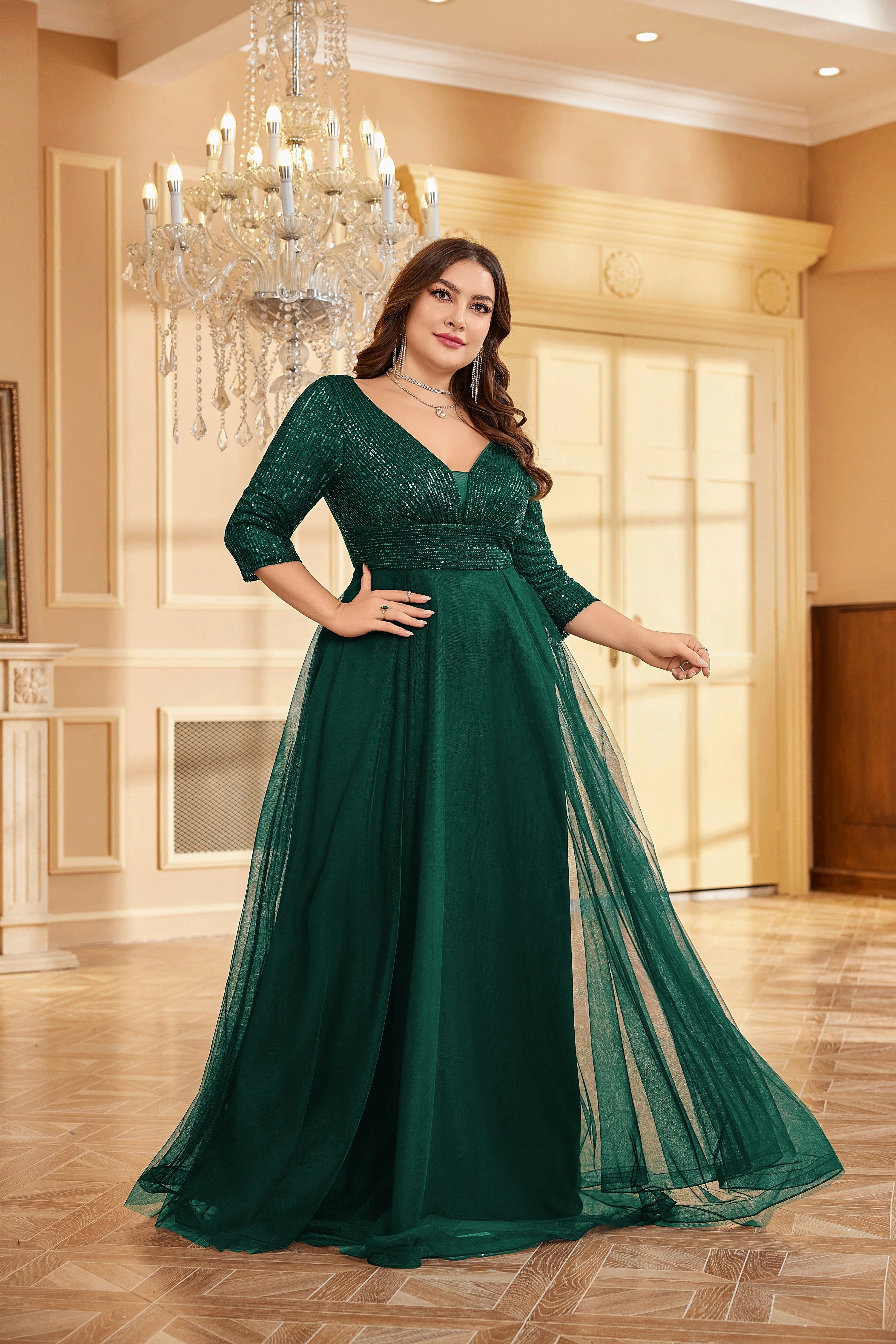 Partywear Sparkling Sequin V-Neck Gown with Three-Quarter Sleeves and Flowing Tulle Skirt