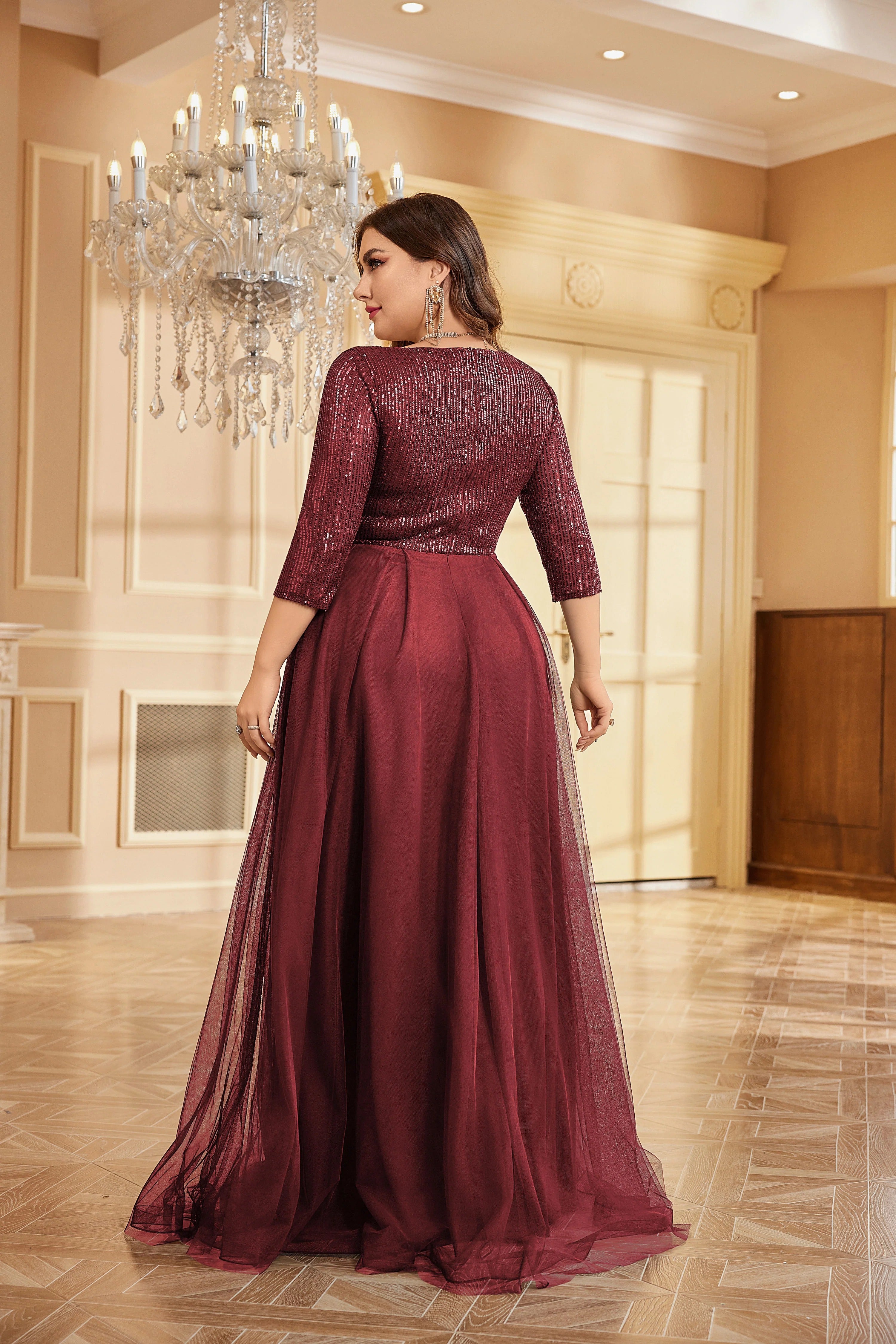 Partywear Sparkling Sequin V-Neck Gown with Three-Quarter Sleeves and Flowing Maroon Tulle Skirt