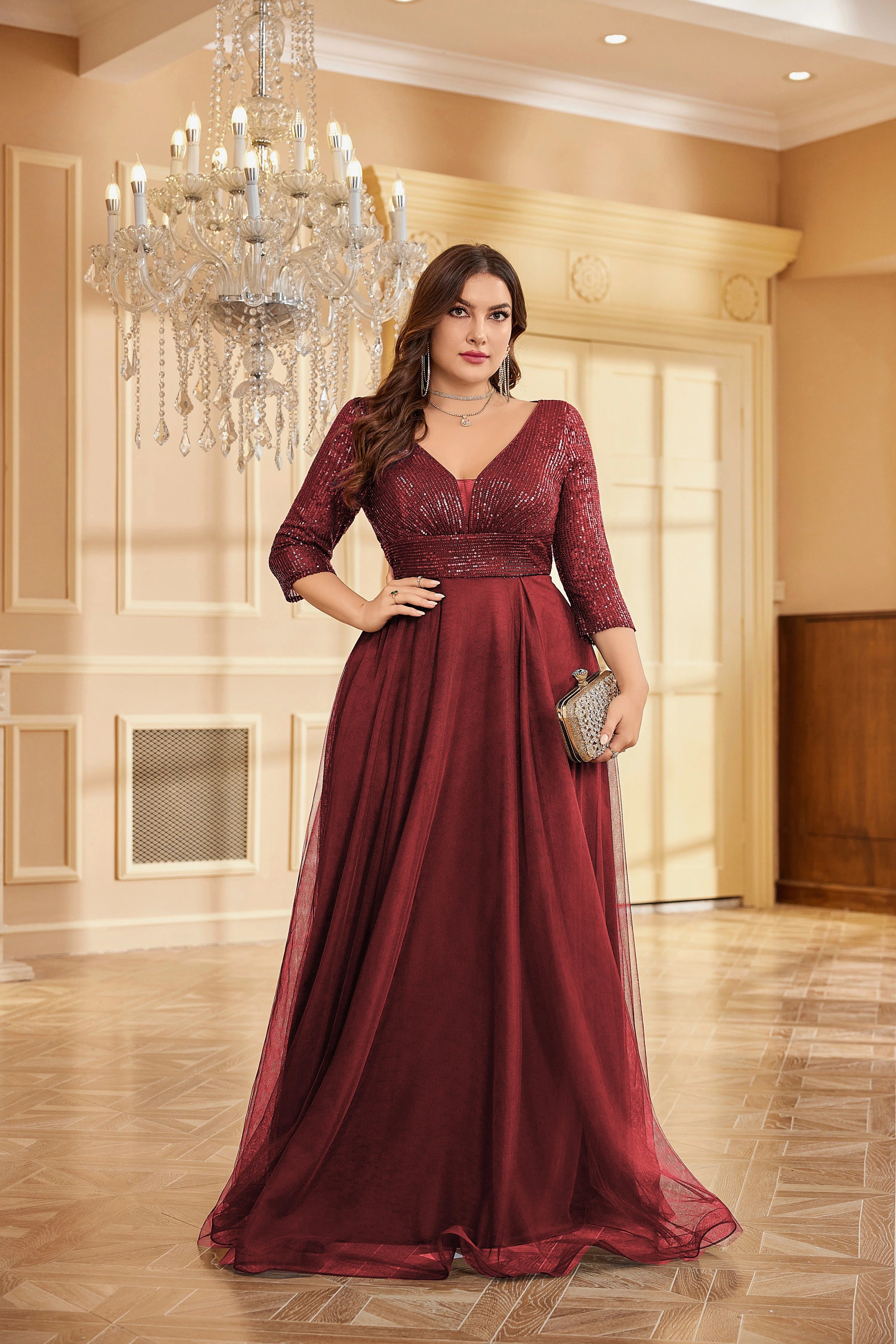 Partywear Sparkling Sequin V-Neck Gown with Three-Quarter Sleeves and Flowing Maroon Tulle Skirt