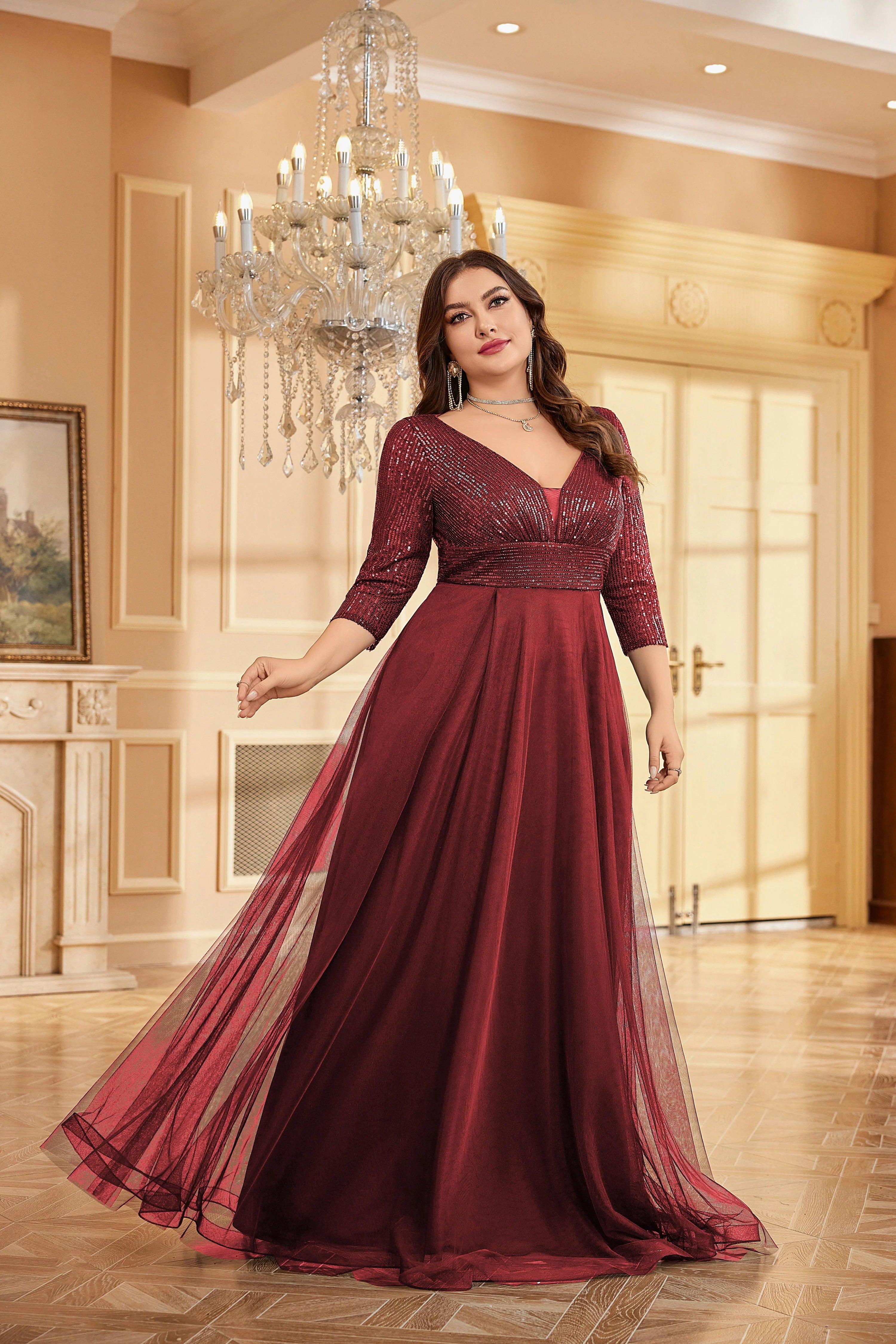 Partywear Sparkling Sequin V-Neck Gown with Three-Quarter Sleeves and Flowing Maroon Tulle Skirt