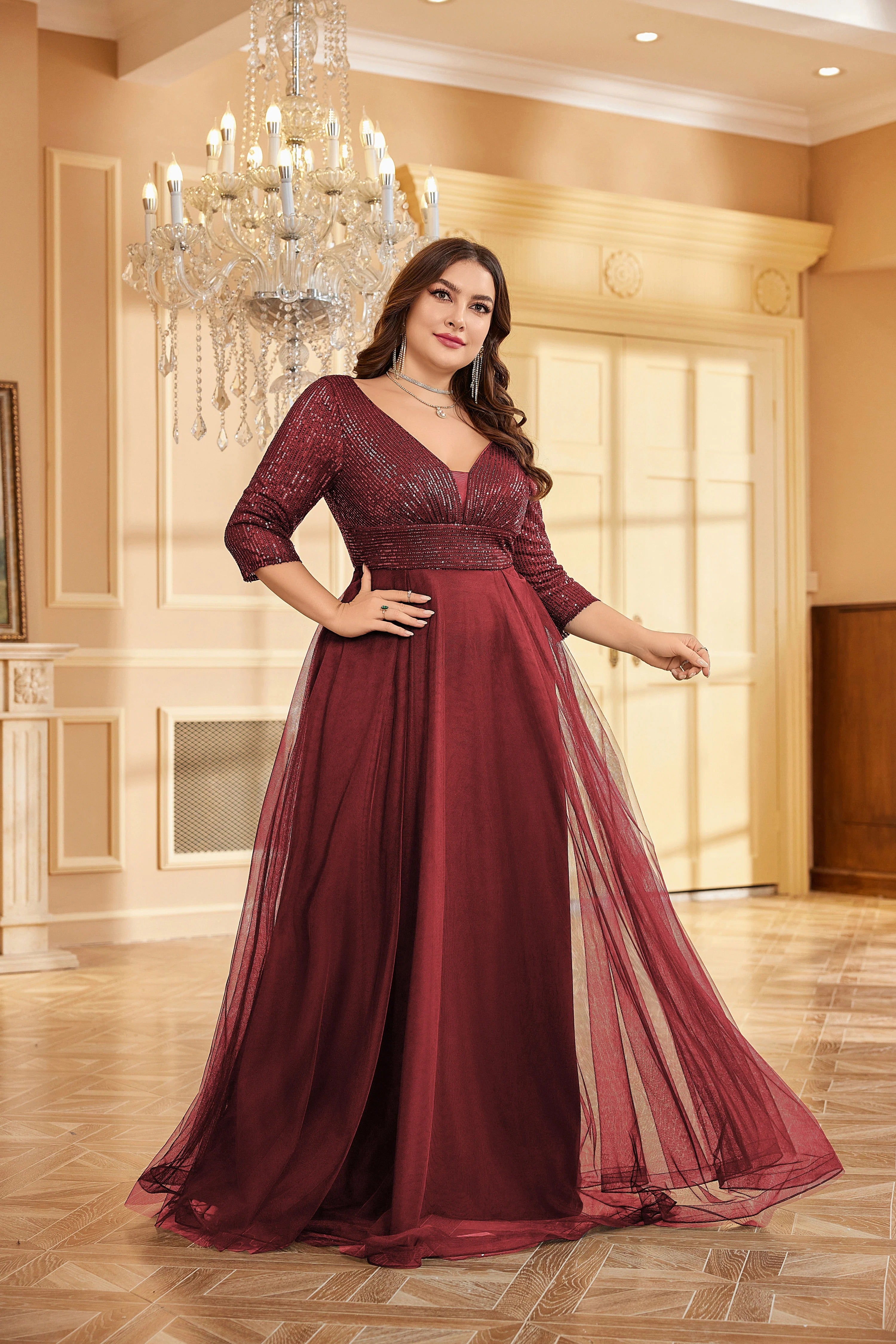 Partywear Sparkling Sequin V-Neck Gown with Three-Quarter Sleeves and Flowing Maroon Tulle Skirt