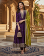 Elegant Vichitra Silk Kurta Pant Dupatta Set with Embroidery Work – Festive & Party Wear Suit for Women Purple